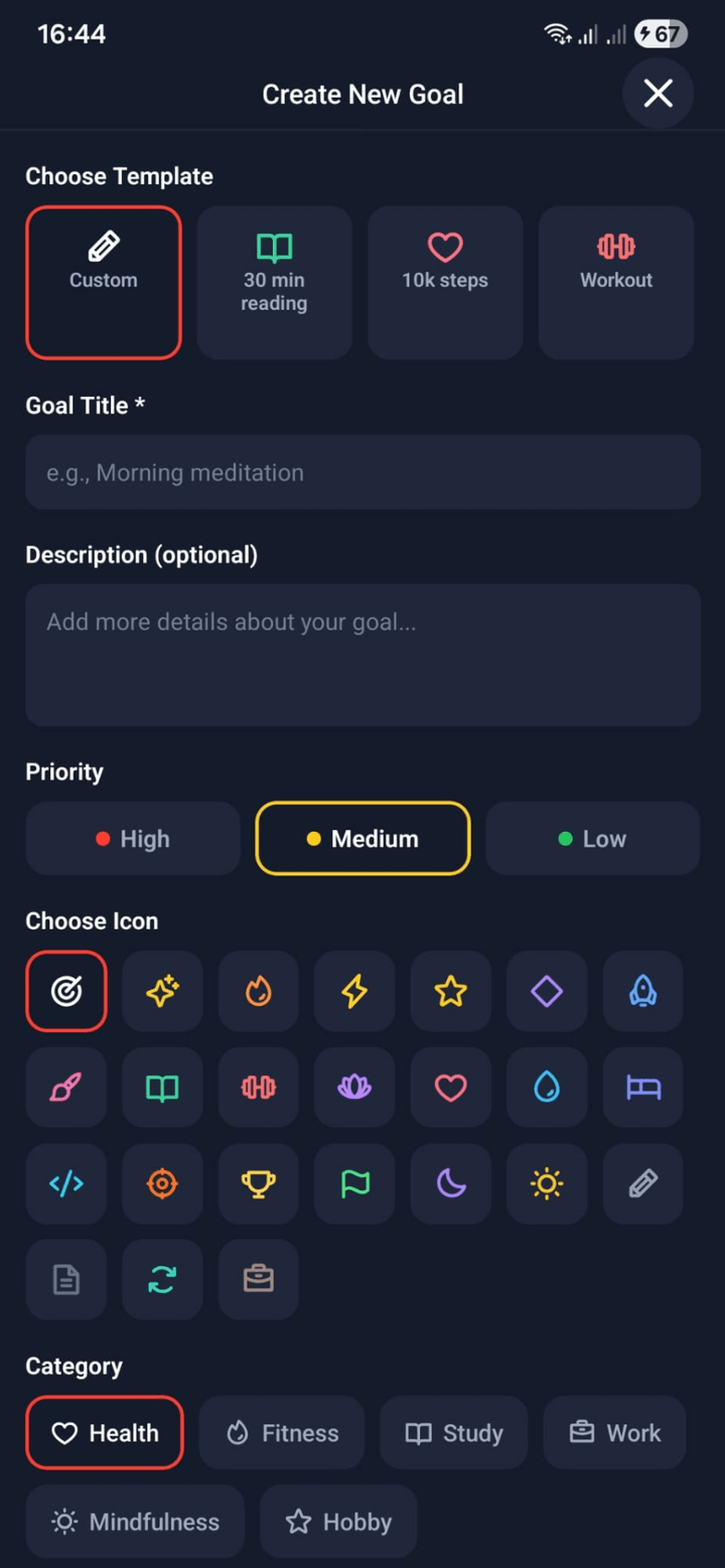 Daily Goals App – Neues Ziel erstellen mit Vorlagen, Priorität und Kategorien